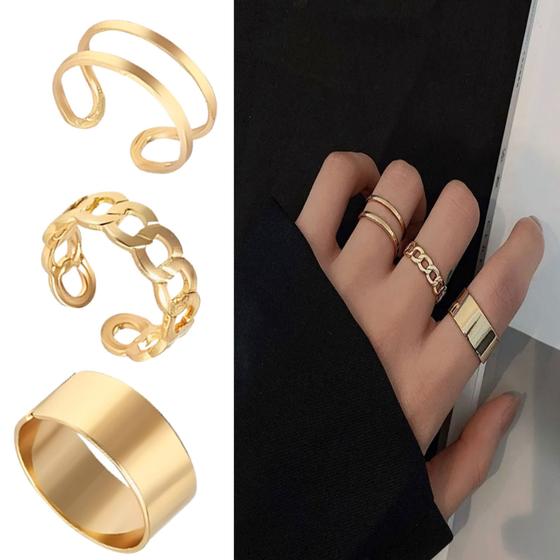 Imagem de Kit Anel Ajustável Dourado Conjunto Feminino TikTok Moda