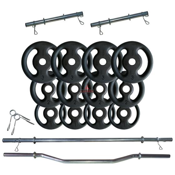Kit Anilhas 24 Kg + 2 Barras 40cm + Barra 120cm + Barra W Menor preço em Kit Anilhas 24 Kg + 2 Barras 40cm + Barra 120cm + Barra W