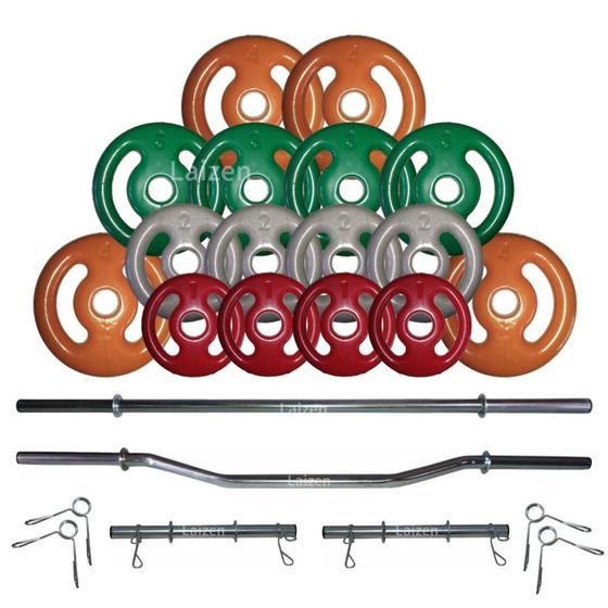 Imagem de Kit Anilhas Emb 40kg + Barras 40cm + Barra 160 + W + Suporte