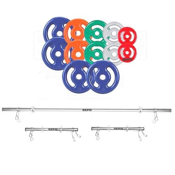 Kit Anilhas Emborrachadas 40 Kg + 02 Barras de 40cm + 01 Barra de 150cm Menor preço em Kit Anilhas Emborrachadas 40 Kg + 02 Barras de 40cm + 01 Barra de 150cm