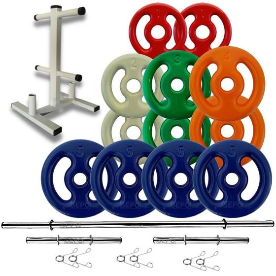Imagem de Kit Anilhas Emborrachadas 40 Kg + Barras 2x 40cm + 1x 1.50m + Suporte 120kg
