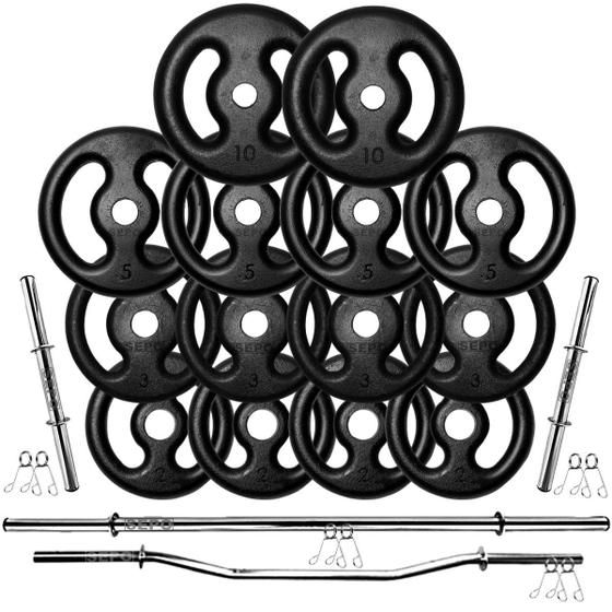 Imagem de Kit Anilhas Ferro 60kg + 2 Barras 40cm + Barra 150 + Barra W