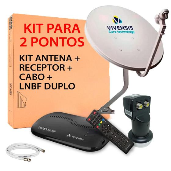 Imagem de Kit antena + lnbf dupo + cabo + receptor de tv vivensis vx10 sat hd