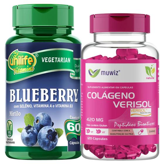 Imagem de Kit Antienvelhecimento: Blueberry Mirtilo Antioxidante 60 Caps Vegetais 550mg Unilife + Colágeno Verisol 120 Caps Muwiz
