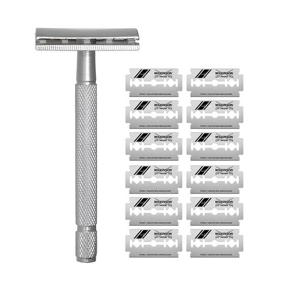 Imagem de Kit Aparelho de Barbear Clássico Vintage Aço Flexível Enox com 12 Recargas Wilkirson Sword