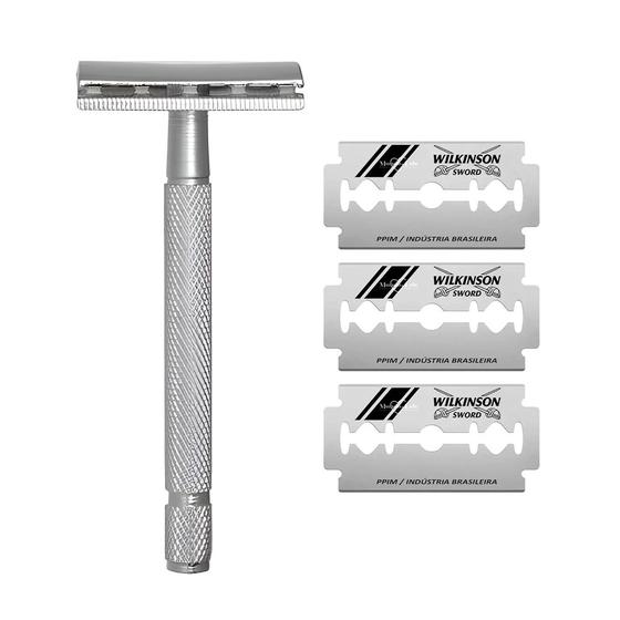 Imagem de Kit Aparelho de Barbear Clássico Vintage Aço Flexível Enox com 3 Recargas Wilkirson Sword