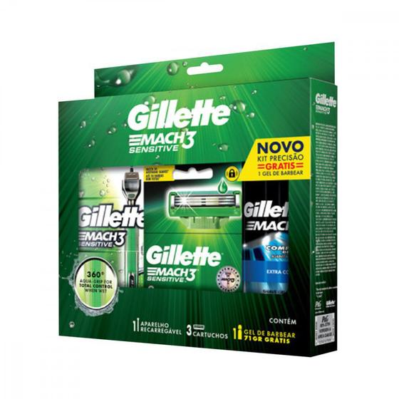 Imagem de Kit Aparelho de Barbear Gillette Mach3 Sensitive Acqua-Grip 3 Cargas Gel de Barbear Complete Defense 72 ml