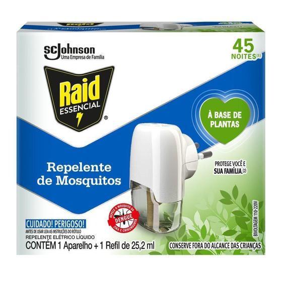 Imagem de Kit Aparelho Elétrico + Refil Repelente Líquido 45 Noites à Base de Plantas Raid Essencial 25,2ml