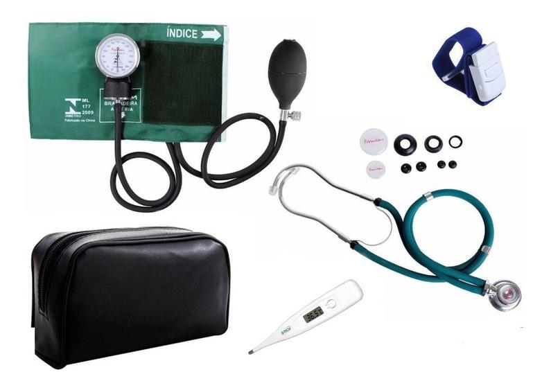 Imagem de Kit Aparelho Medidor De Pressão + Estetoscopio + Garrote + Termômetro Kit Premium Kit Premium Verde Verde
