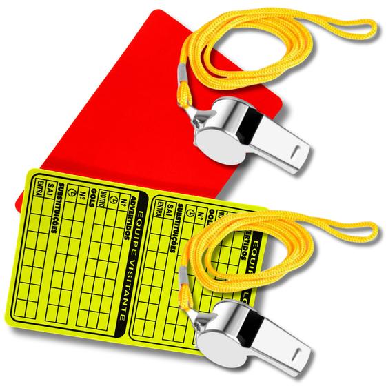 Imagem de Kit Apito De Metal 2 Unidades Com Cordão + Cartão Juiz De Futebol Arbitro Vermelho E Amarelo Fluorescente Campo Futsal