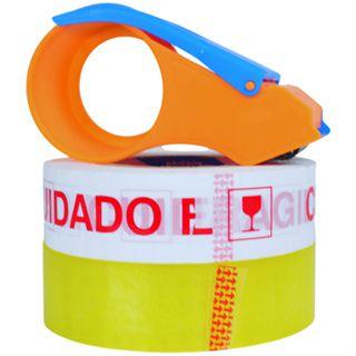 Imagem de Kit Aplicador Suporte Com Fita Adesiva Fragil Resistente e Fita Transparente 300Mts