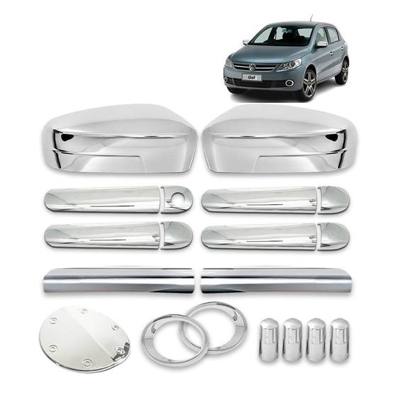 Imagem de Kit Apliques Cromados Volkswagen Gol G5 2008 A 2013 Retrovisor Maçaneta Grade dianteira Tampa combustível Mold. Farol Milha Tampa válvula pneu