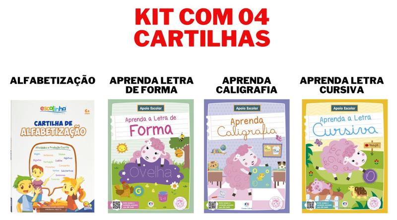 Imagem de Kit apoio escolar com 4 cartilhas: Alfabetização, Aprenda letra de Forma, Aprenda Caligrafia e Aprenda letra Cursiva