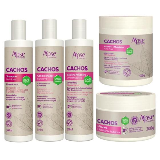 Imagem de Kit Apse Cachos 5 Itens Tratamento Capilar Completo Cabelo Vegano Higienização Limpeza Finalização