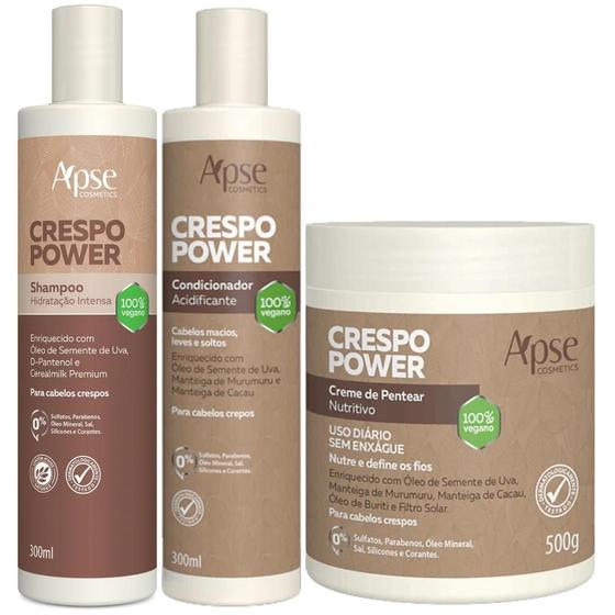 Imagem de Kit Apse Crespo Power Shampoo + Condicionador + Creme De Pentear Nutritivo Cabelo Vegano