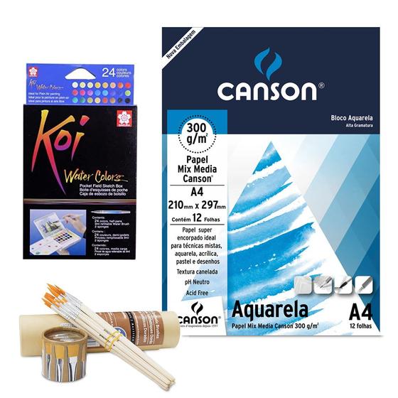 Imagem de Kit Aquarela Pastilha 24 Cores + Bloco Canson + 12 Pinceis