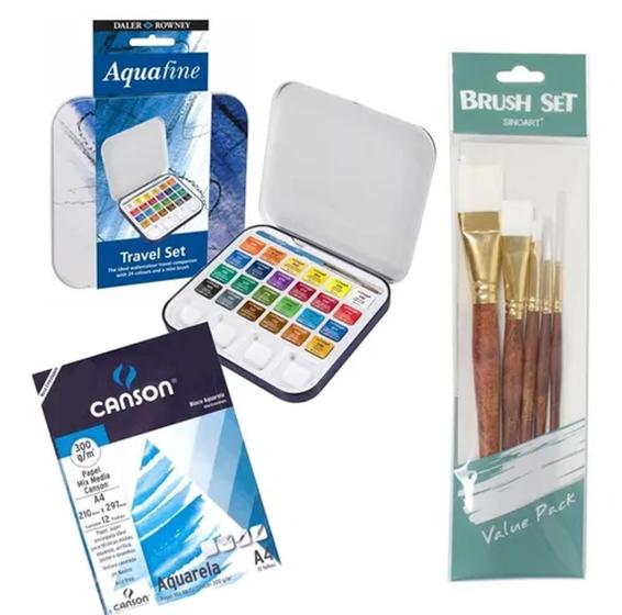 Imagem de Kit Aquarela Pastilha 24 Cores + Bloco Canson + 5 Pinceis