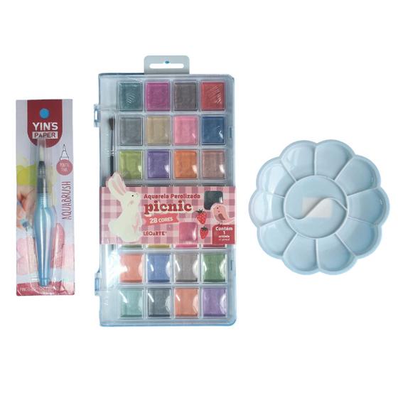 Imagem de Kit Aquarela Perolizada Picnic 28 Cores Gode Pincel com Reservatório d água AquaBrush