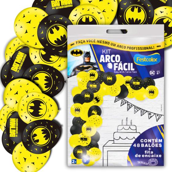 Imagem de Kit Arco Fácil com Bexiga Decorativa Temática para Comemorações - Batman - 48 Unidades - Festcolor