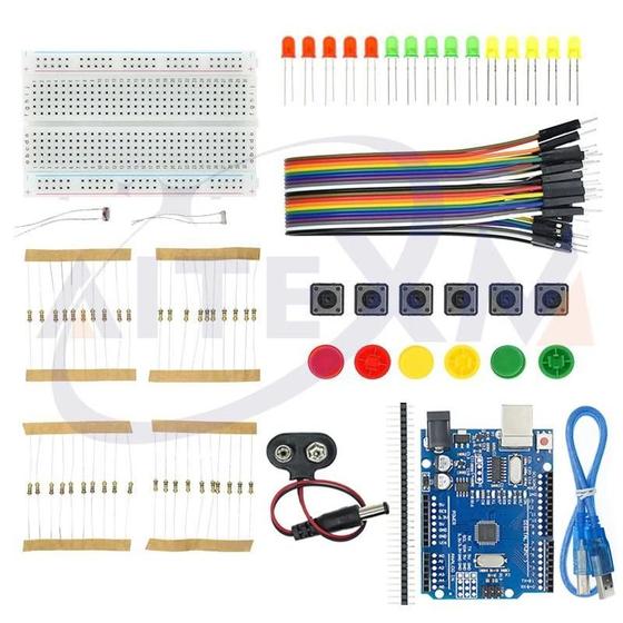 Imagem de Kit Arduino UNO R3 Mini Starter - LED, Jumper, Botão, Breadboard - Ideal para Iniciantes