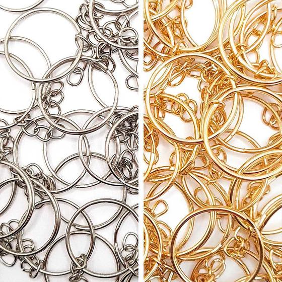 Imagem de Kit Argola Metal Níquel Dourado 25mm Chaveiro Bijuteria 20pçs Com Corrente 30g
