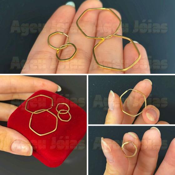 Imagem de Kit Argola Ouro 18k Hexagonal 1 e 2 Furo Brinco Feminino