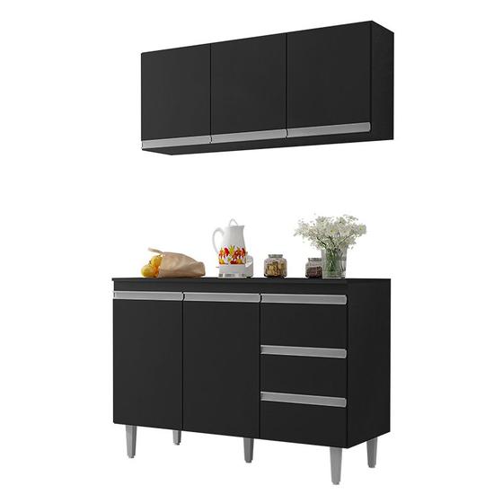 Kit Armário Aéreo e Balcão Gabinete Sem Tampo Andréia 120cm Preto - AJL Móveis Menor preço em Kit Armário Aéreo e Balcão Gabinete Sem Tampo Andréia 120cm Preto - AJL Móveis