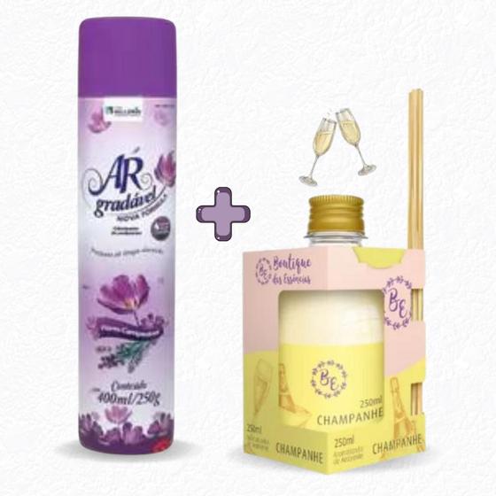 Imagem de Kit Aromatizador Champanhe de Ambiente C/Varetas 250ml + Odorizador de Ambiente Tipo Bom Ar 400ml