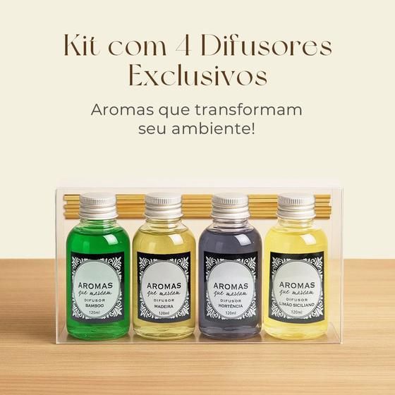 Kit Aromatizador de Ambiente 4 Frascos 120ml com Varetas Difusoras e