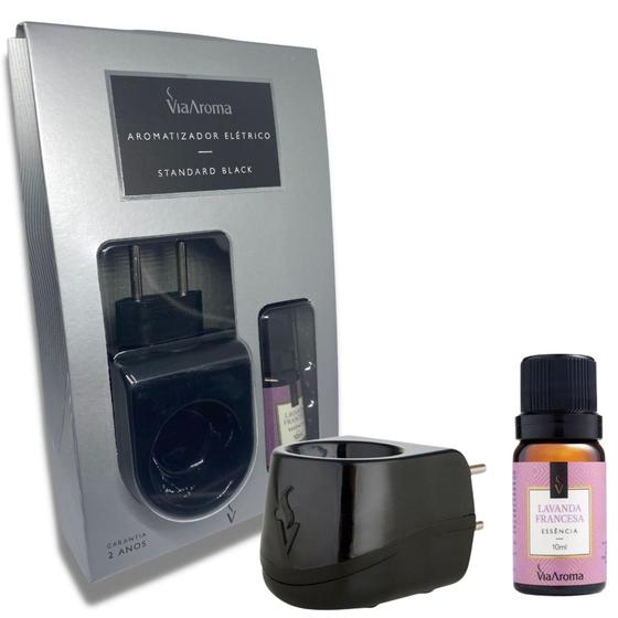 Imagem de Kit Aromatizador Elétrico Difusor Preto Via Aroma Bivolt + 1 Essência Lavanda Francesa - Via Aroma