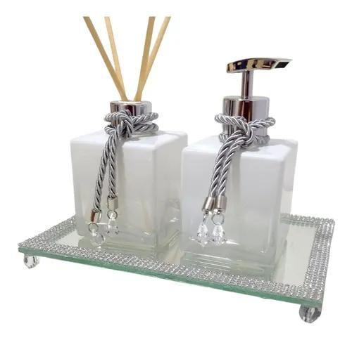 Imagem de Kit Aromatizador Sabonete Líquido Lavabo Cubo Luxo C/bandeja Branco Luxo