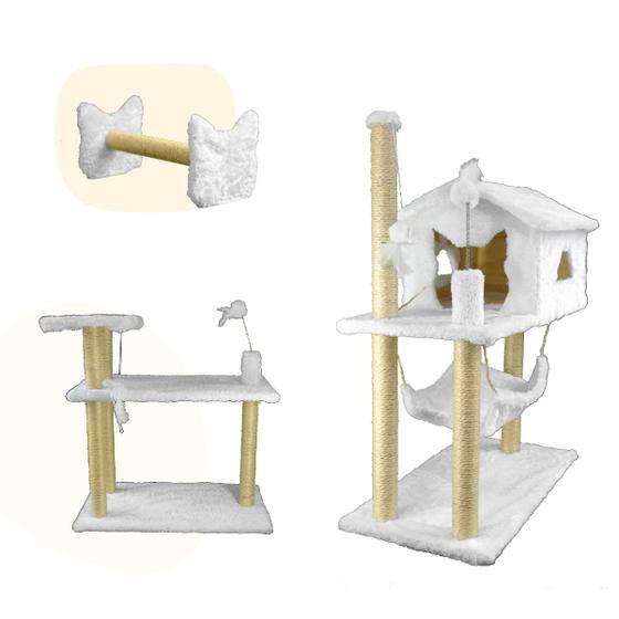 Imagem de Kit Arranhador De Gato Sisal Casa Dois Andares Com Rede E Mola Maluca Castelo Casinha Brinquedo Para Gato Pets MIUPETZ