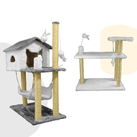 Imagem de Kit Arranhador Para Gato Grande Casa 2 Andares Com Rede Arranhador 3 Bases Sisal Casinha Para Pets Animais De Estimação MIUPETZ 