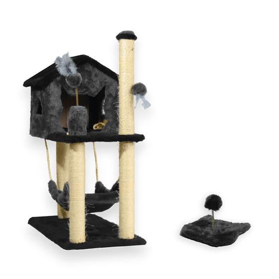 Imagem de Kit Arranhador Sisal Casa Com Rede E Mola Maluca Casinha Brinquedo Para Gato Pets 2 Andares Miupet