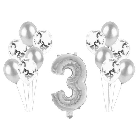 Imagem de Kit Arranjo de Balões Número 3 Prata - 13 Itens