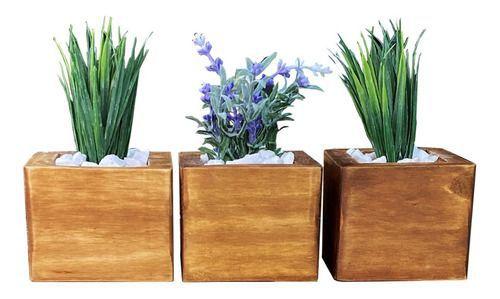 Imagem de Kit Arranjo Decorativo 3 Vasinhos De Madeira Com Plantinhas
