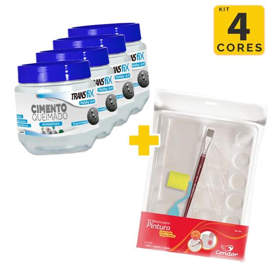 Imagem de Kit Artesanato Cimento Queimado Hobby Art 160ML (4 cores) + Kit Básico para Pintura Godê Piano Condor