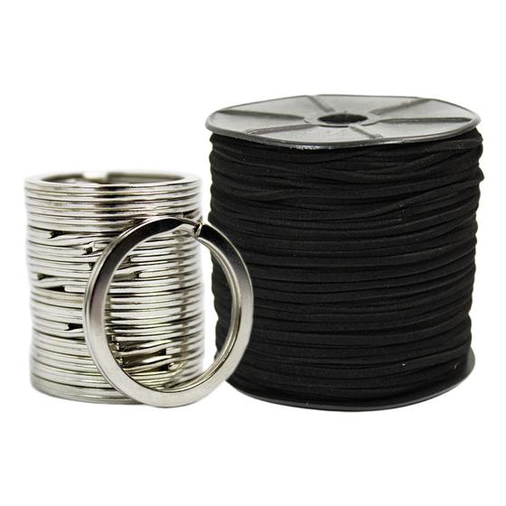 Imagem de Kit Artesanato Com 30 Metros Fio De Camurça Preto Com 100 Argola 28mm