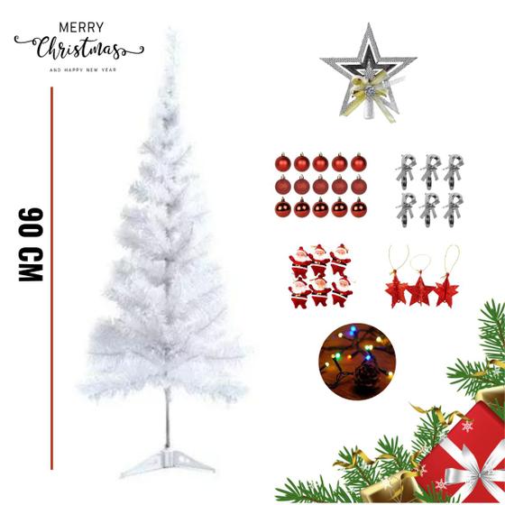 Imagem de Kit Arvore De Natal Branca Decorada Com Enfeites Natalinos Mais Pisca-Pisca Completa 90 cm