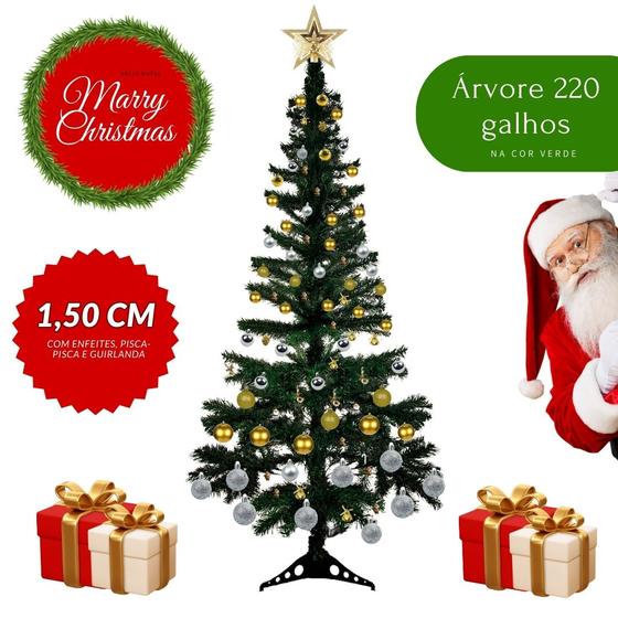 Imagem de Kit Arvore De Natal Verde Decorada Com Enfeites Natalinos Mais Pisca-Pisca Completa 150cm 220 Galhos