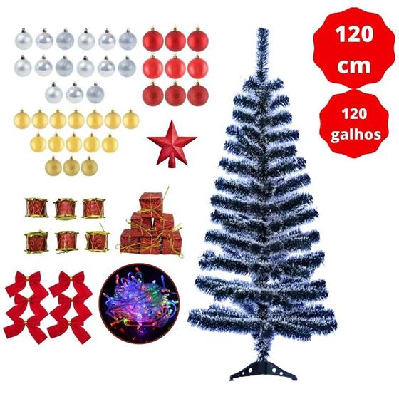 Imagem de Kit Árvore Natal Nevada Decorada 1,20m Com 65 Enfeites Pisca Pisca Led 220v