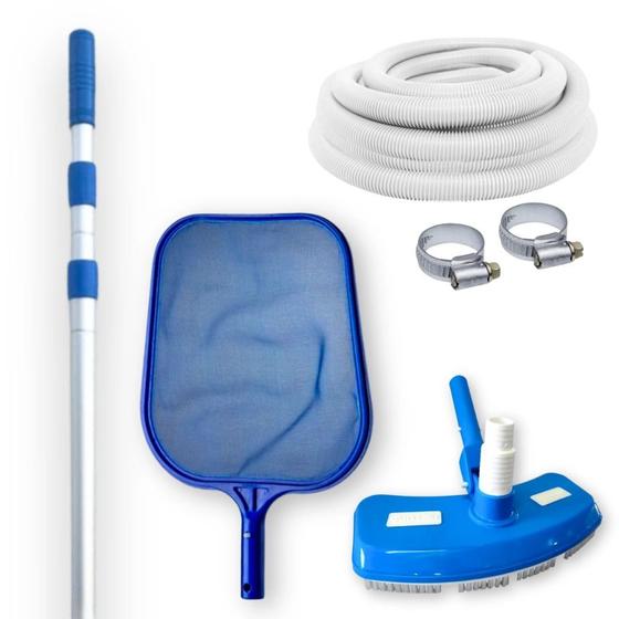 Imagem de Kit Aspirador Asa Delta + Peneira com Haste 3,40 M Telescopico + Mangueira 4 Metros 32mm para Piscina