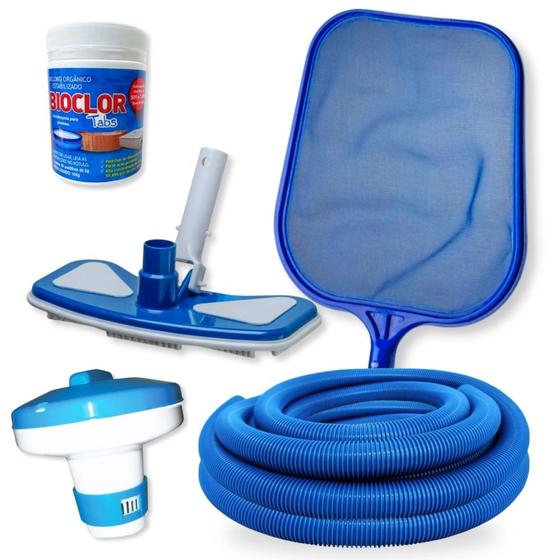 Imagem de Kit Aspirador de Piscina com Mangueira 4m 38mm+ Flutuador + 50 Und Mini Pastilha Cloro Bioclor