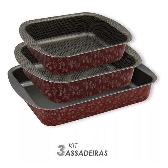 Imagem de Kit Assadeira 3 Peças Alumínio Resistente Ergonômica Cozinha