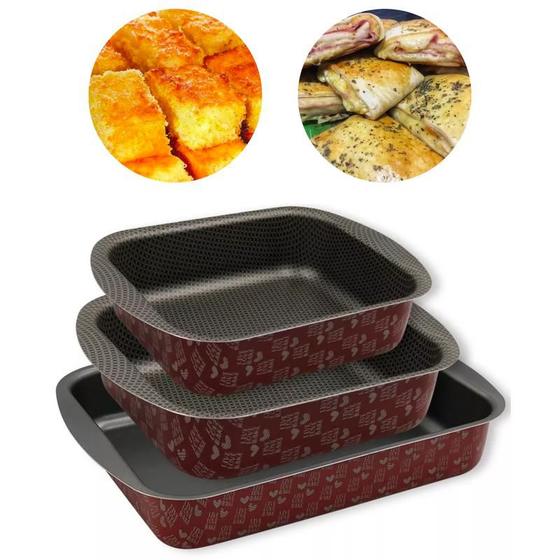 Imagem de Kit Assadeira 3 Peças Vermelha Antiaderente Sobremesas Cozinha Forminha Receitas Variadas Retangular