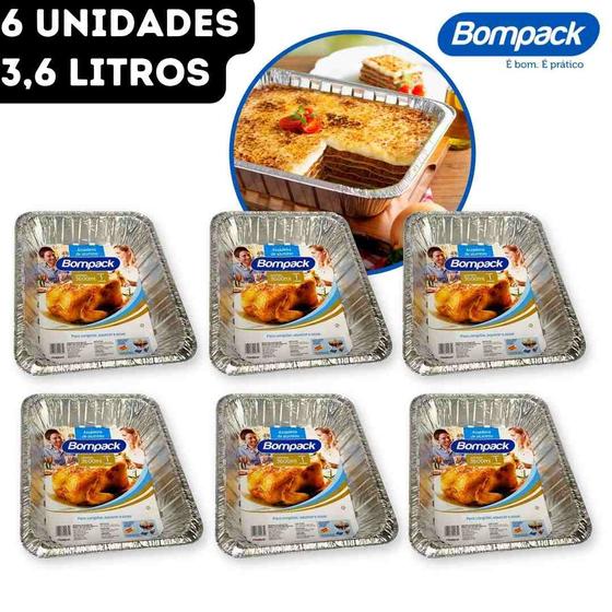 Imagem de Kit Assadeira de Alumínio Forma Retangular Descartável Bompack - 3,6L 26,5x32x6,5cm - 6 Unidades