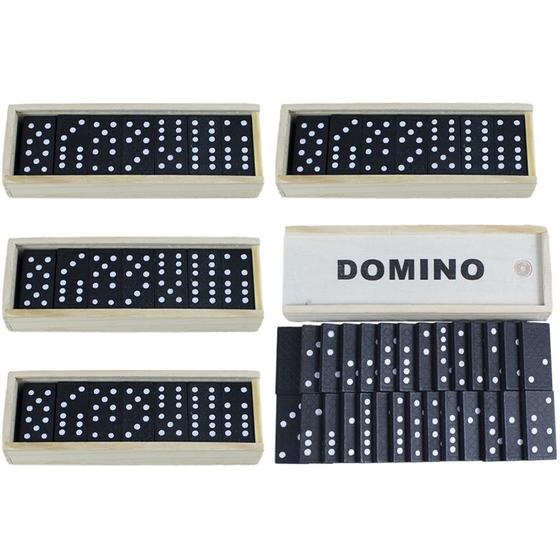 Imagem de Kit atacado brinquedo jogo 5 caixas de dominó preto de madeira com caixa com 28 peças