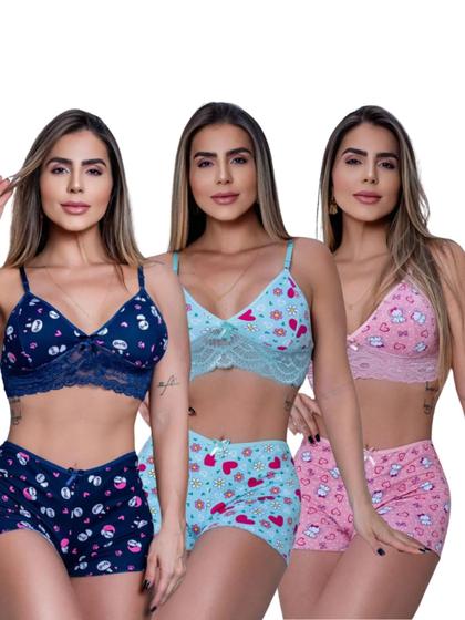 Imagem de Kit Até 3 Short Doll Lara Estampado Tecido Romantic com Renda e Ajuste Perfeito