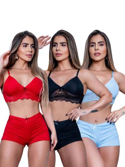 Imagem de Kit Até 3 Short Dolls Lara Liso Peças em Tecido Romantic, com Renda Delicada e Cores Variadas