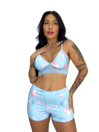 Imagem de Kit Até 4 Short Doll Lara Estampado Tecido Romantic com Renda e Ajuste Perfeito